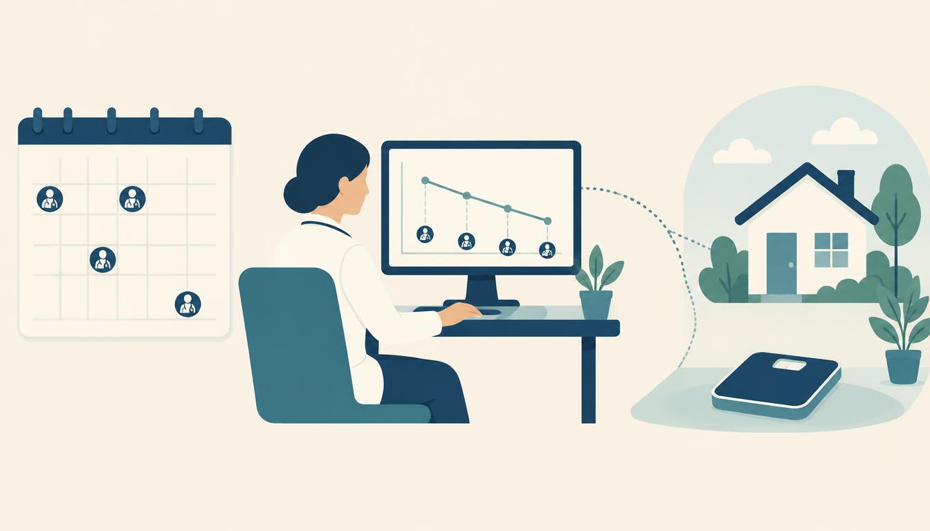 Illustration: en kalender med glesa besök, en behandlare vid en skärm med en sammanhängande trendkurva och en våg i hemmet.