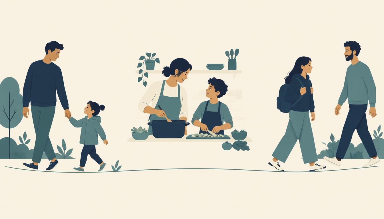 Illustration: familjer med barn i olika åldrar – ett litet barn, ett skolbarn och en tonåring tillsammans med sina föräldrar.
