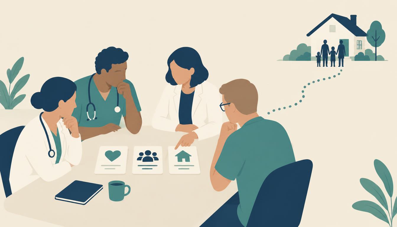 Illustration: ett vårdteam runt ett bord som jämför verktyg, med en linje till ett familjehem.
