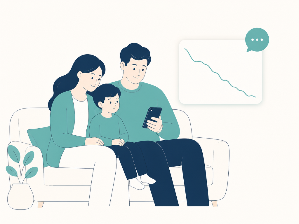 Illustration av en familj som följer behandlingen i Evira-appen